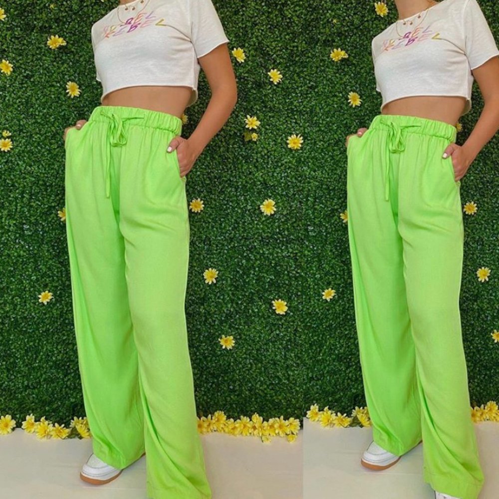 Marga Neon Green Cotton Relaxed Fit  Wide Leg